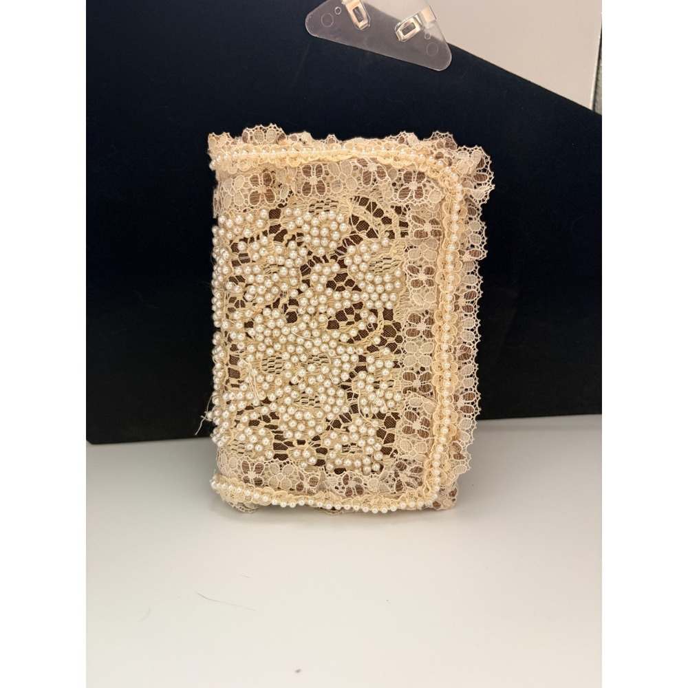 Handmade Pocket Bible Cover Beaded Cream‎ Lace Trim Vintage Style